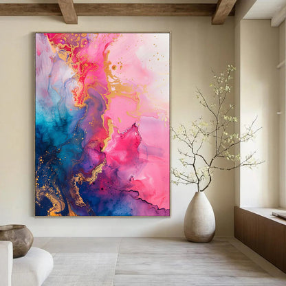 “Pink - Blue Gold Swirl” - Pink, Blue, Gold Fluid Abstract Painting On Canvas DTP286
