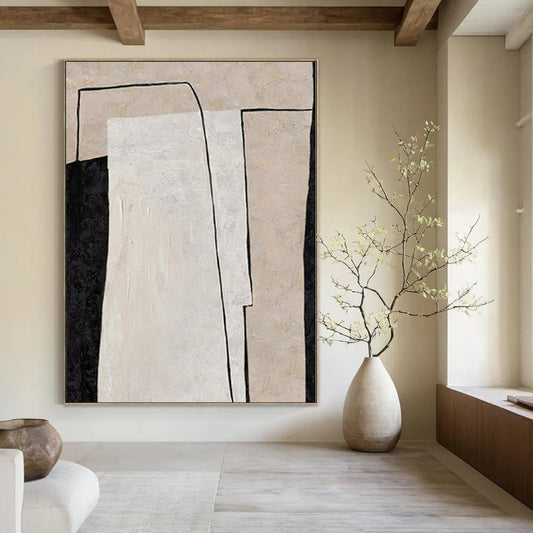 “Black - White - Beige Geometric Overlap” – Geometric Abstract Painting CT1136