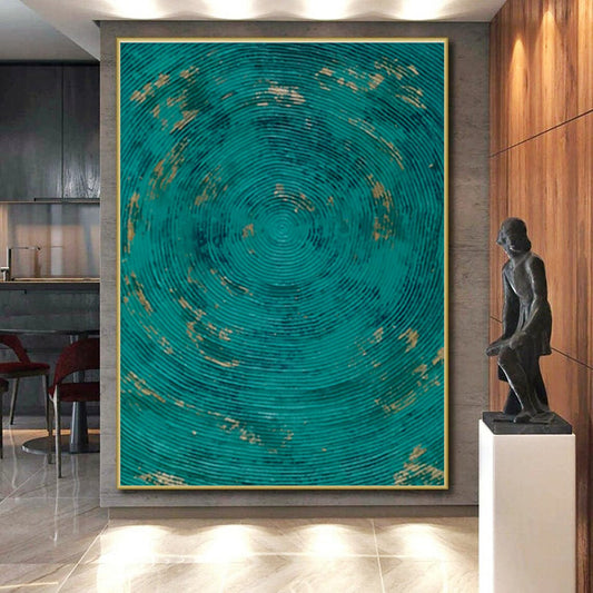 “Teal Circles with Gold” ，Minimalist Abstract Acrylic Art CT0902