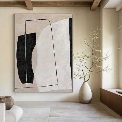 “Beige, Black, and White Geometric Composition” – Minimalist Geometric Painting（Variation） CT1123