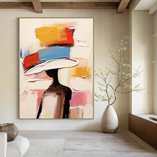 “Colorful, Abstract Hat ‘Fashionable Silhouette’” - Impasto Figurative Painting On Canvas DTP324