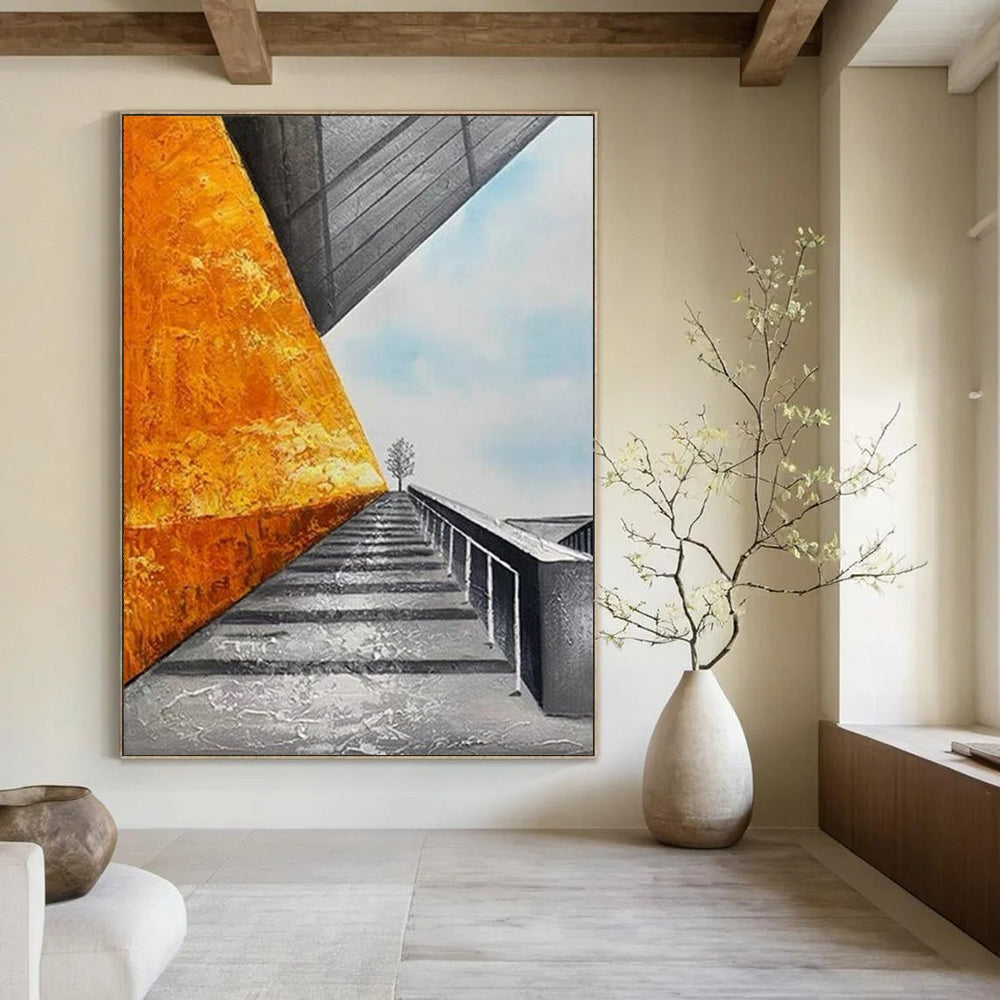 “Golden - Gray Architectural Path” - Orange, Gray, Blue Architectural Scene Painting On Canvas DTP281
