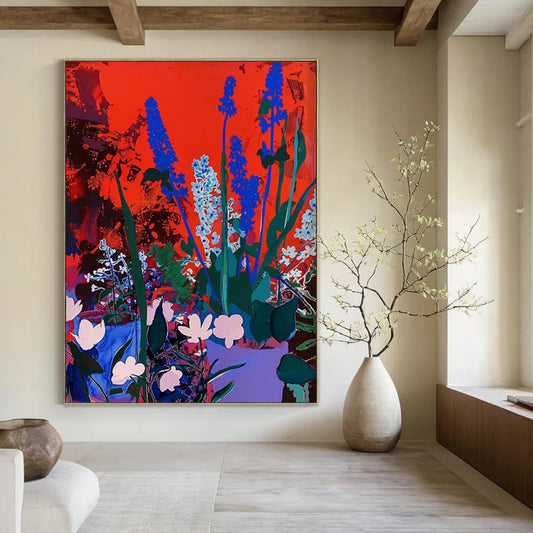 “Blue Flowers on Red” - Pop Art - Inspired Floral Painting On Canvas DTP100