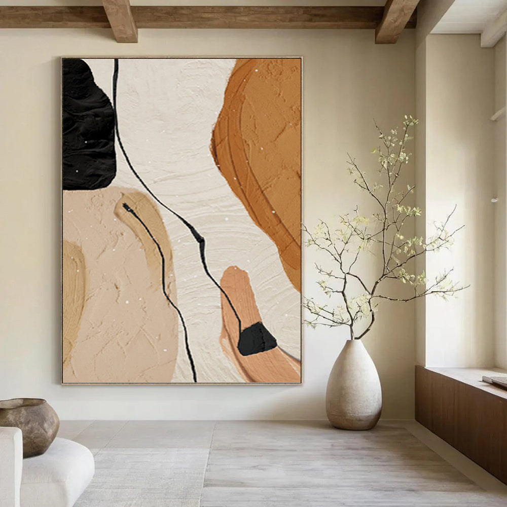 “Organic Flow” - Beige, Brown & Black Abstract Forms Painting On Canvas DKH1513