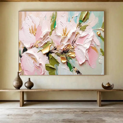“Pink Flowers with Gold Accents”：Textured Floral Painting On Canvas DKH253