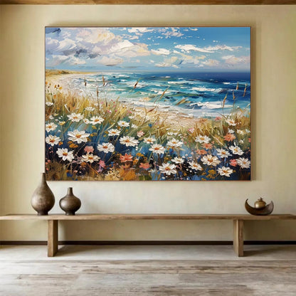 “Seaside Wildflowers”：Impasto Coastal Landscape Painting On Canvas DKH255