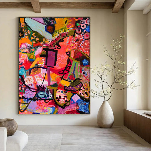 “Vibrant Abstract Mosaic” - Pink, Purple, Orange Dynamic Forms Painting On Canvas DTP292