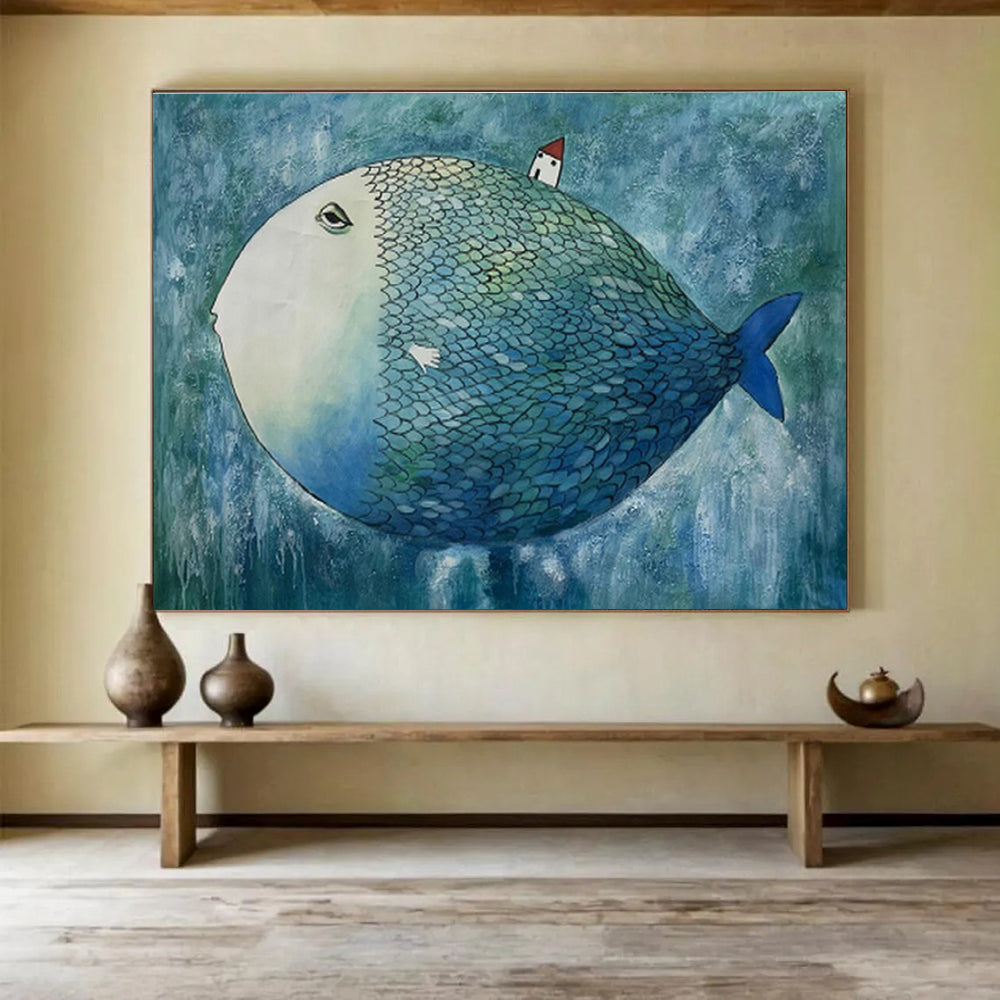Whimsical Big Fish with House Surreal Painting On Canvas DKH218