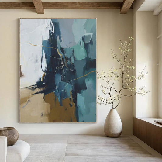 “Blue, Gray & Gold Abstract Geometry” - Blue, Gray, Gold & White Modernist Painting On Canvas DKH1016