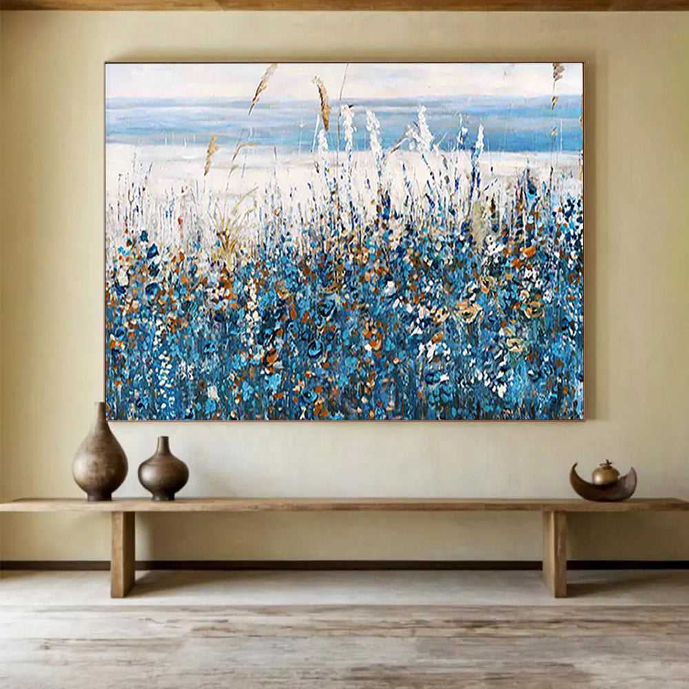 Blue Wildflowers by the Sea - Impressionist Landscape Painting On Canvas DLZ203