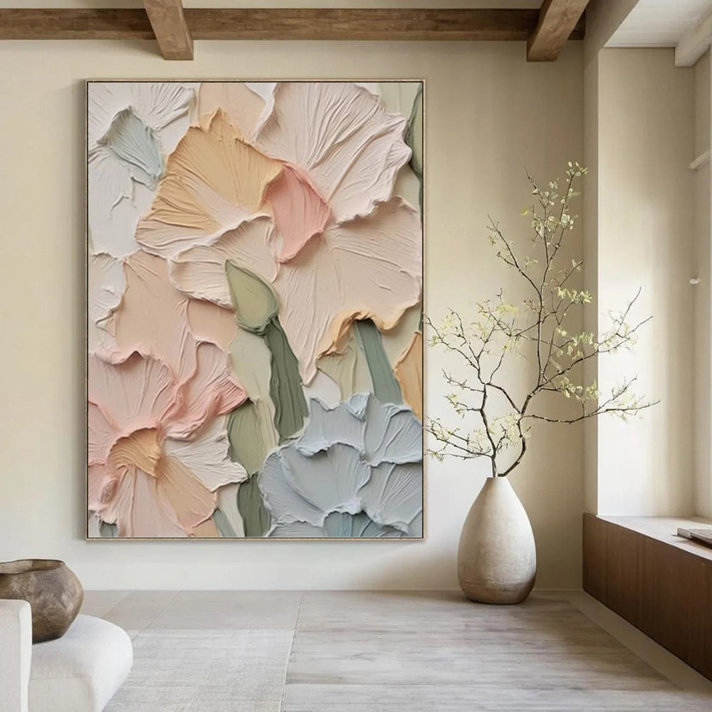 Soft - Toned Floral Relief - Impasto Flower Painting On Canvas DKH1393