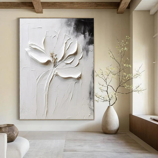 “Sculpted White Flower” - Black & White Floral Painting On Canvas CT2217