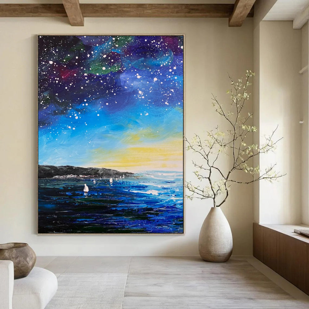 “Starry Night by the Sea: Impressionist Celestial Landscape” - Impasto Oil on Canvas CT1901