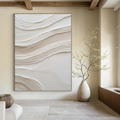 “Textured White & Beige Waves” - White & Beige Minimalist Textured Painting On Canvas DKH1024