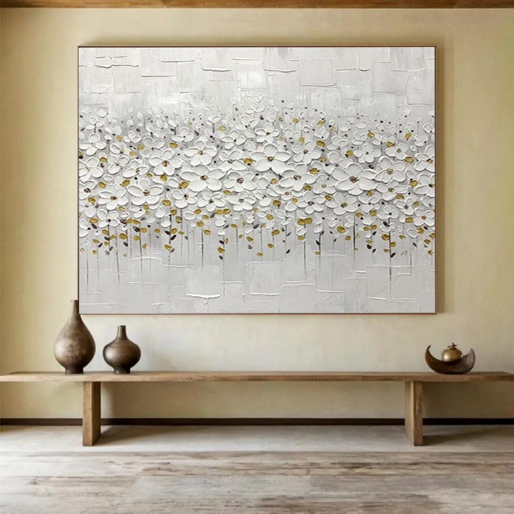 White Flowers with Gold Accents - Minimalist Impasto Painting On Canvas DLZ214