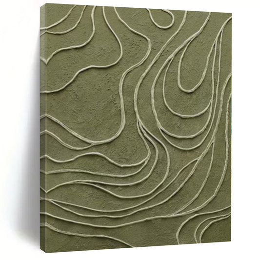 “Olive Green with White Wavy Lines” Textured Relief Art CT0144