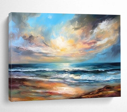 “Seascape Dream” - Blues, oranges, whites; vibrant, swirling sunset over ocean CT1511