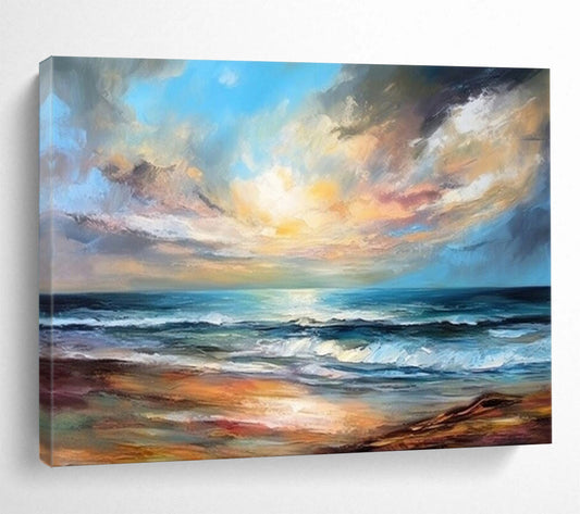 “Seascape Dream” - Blues, oranges, whites; vibrant, swirling sunset over ocean CT1511