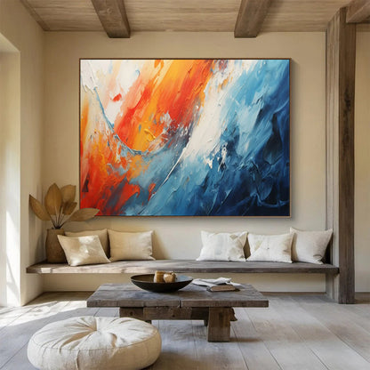 “Fiery Ocean Clash” – Oranges, reds, blues in bold, thick acrylic waves CT1704