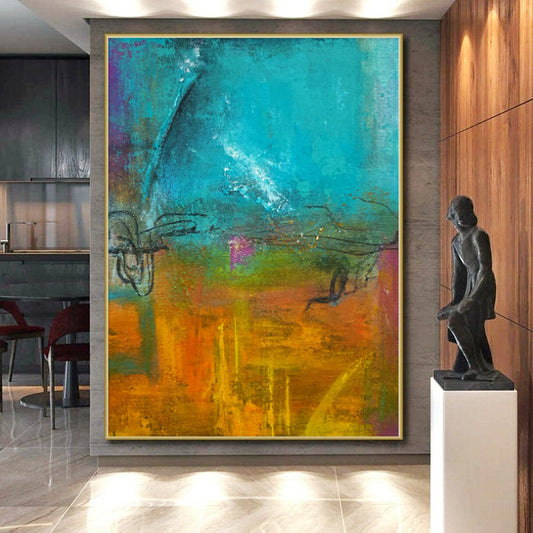 “Vibrant Terrain” - Abstract Painting with Teal, Green, Orange, Purple, Yellow CT0059