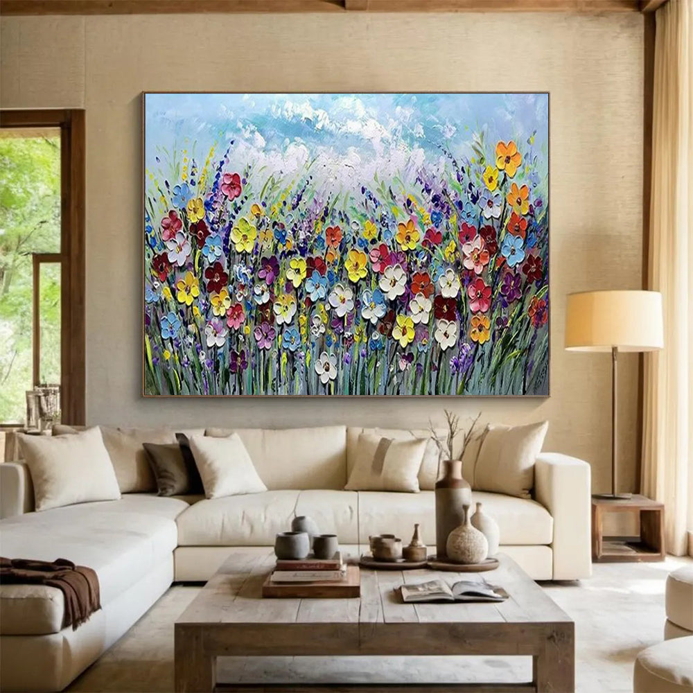 Colorful Flower Field Under Light Blue Sky - Impasto Oil Painting CT1795