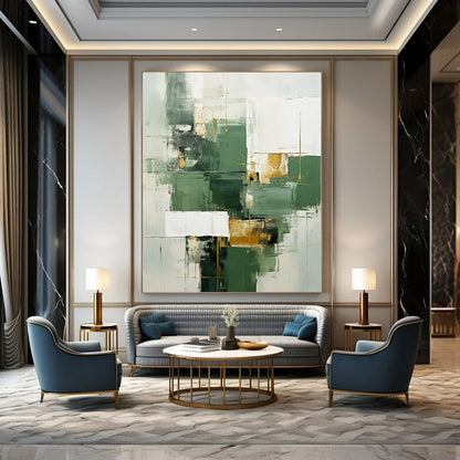 “Green - Gold Geometric Abstract” Modernist Acrylic Art CT0199