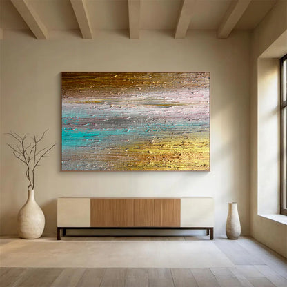 “Sunset Horizons” – Layered golds, teals, pinks in thick, horizontal acrylic strokes CT1691