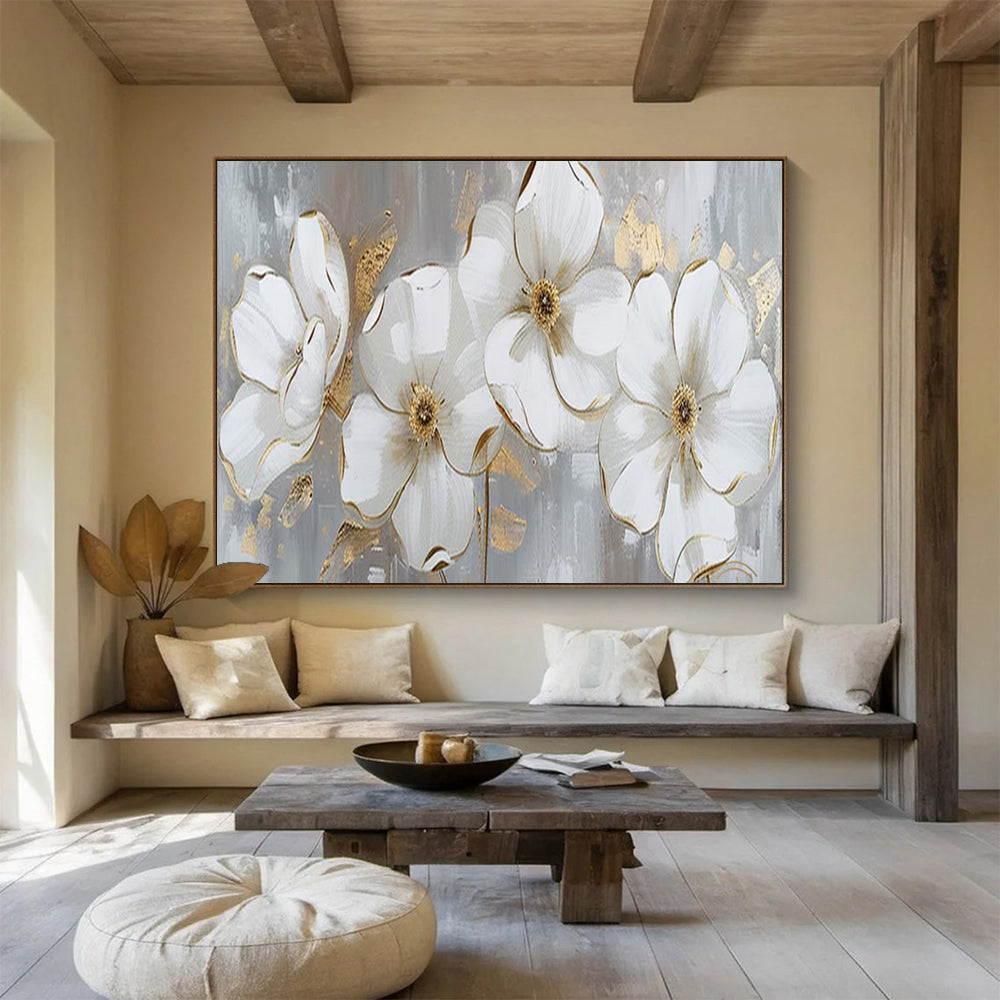 “Hand - painted White Flowers with Gold” - White flowers and gold accents on gray CT1653