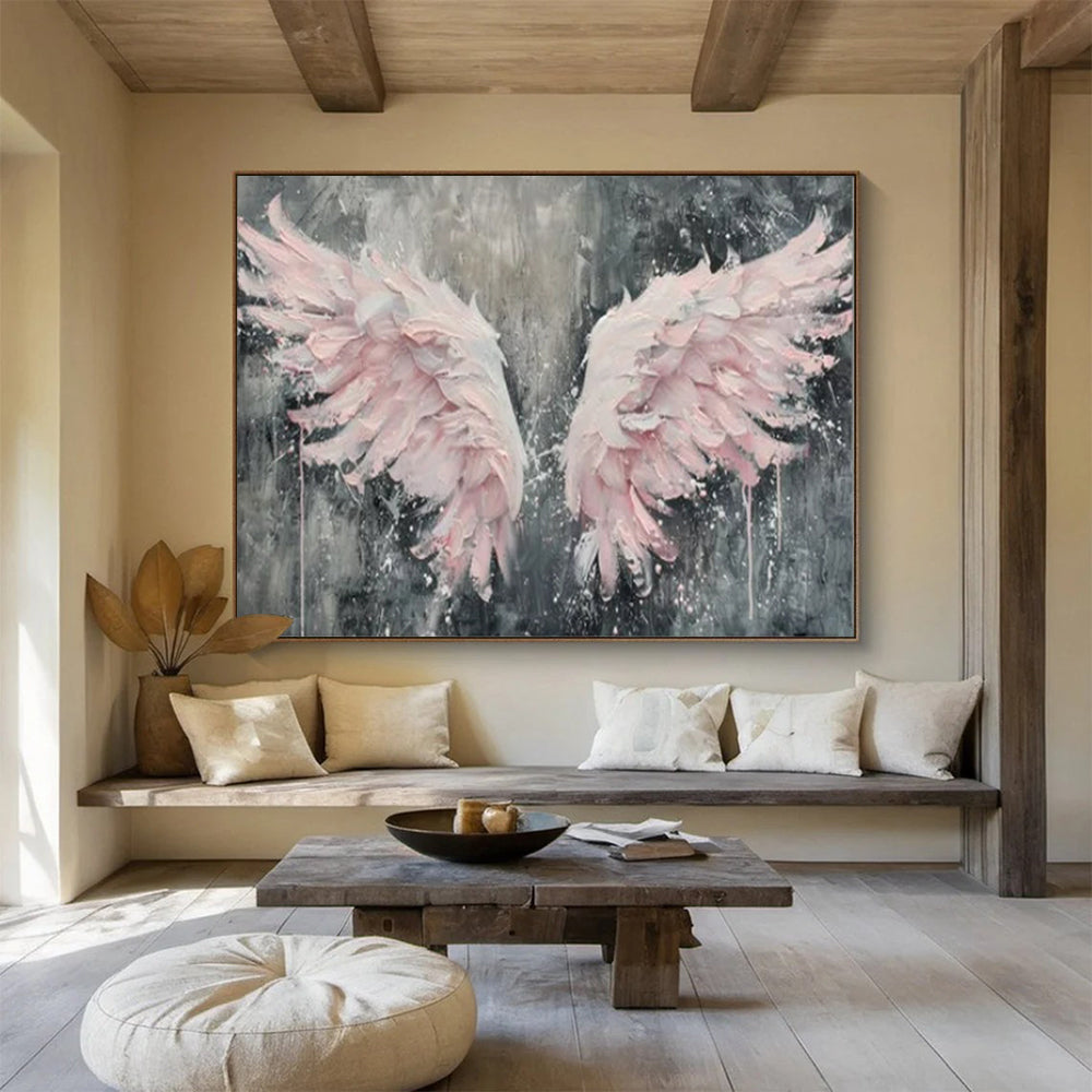 “Textured Pink Wings” - Pinks, grays; thick, sculptural pink wings against a dark background CT1618
