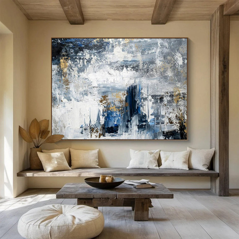 “Blue - Gray Gold Abstract” - Blues, grays, golds; textured, moody abstraction with gold accents CT1623