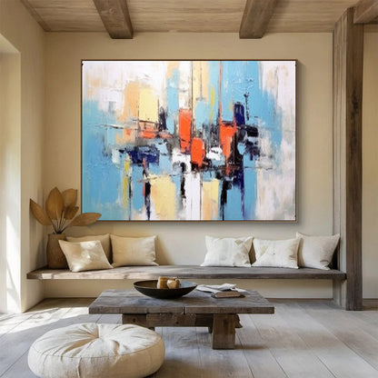 “Hand - painted Harbor Abstraction” - Color - blocked harbor scene in blue, orange, and yellow CT1646