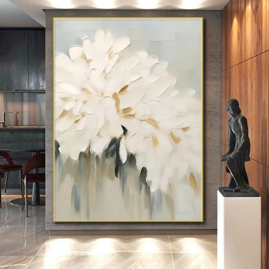 “Textured White Flowers”，Abstract Floral Impasto Painting CT0543
