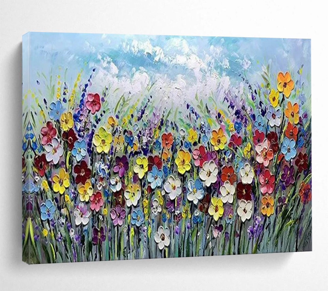 Colorful Flower Field Under Light Blue Sky - Impasto Oil Painting CT1795