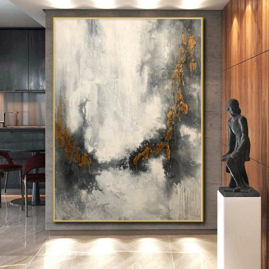 “Grey and White with Gold Veins”，Ethereal Abstract Painting CT0360