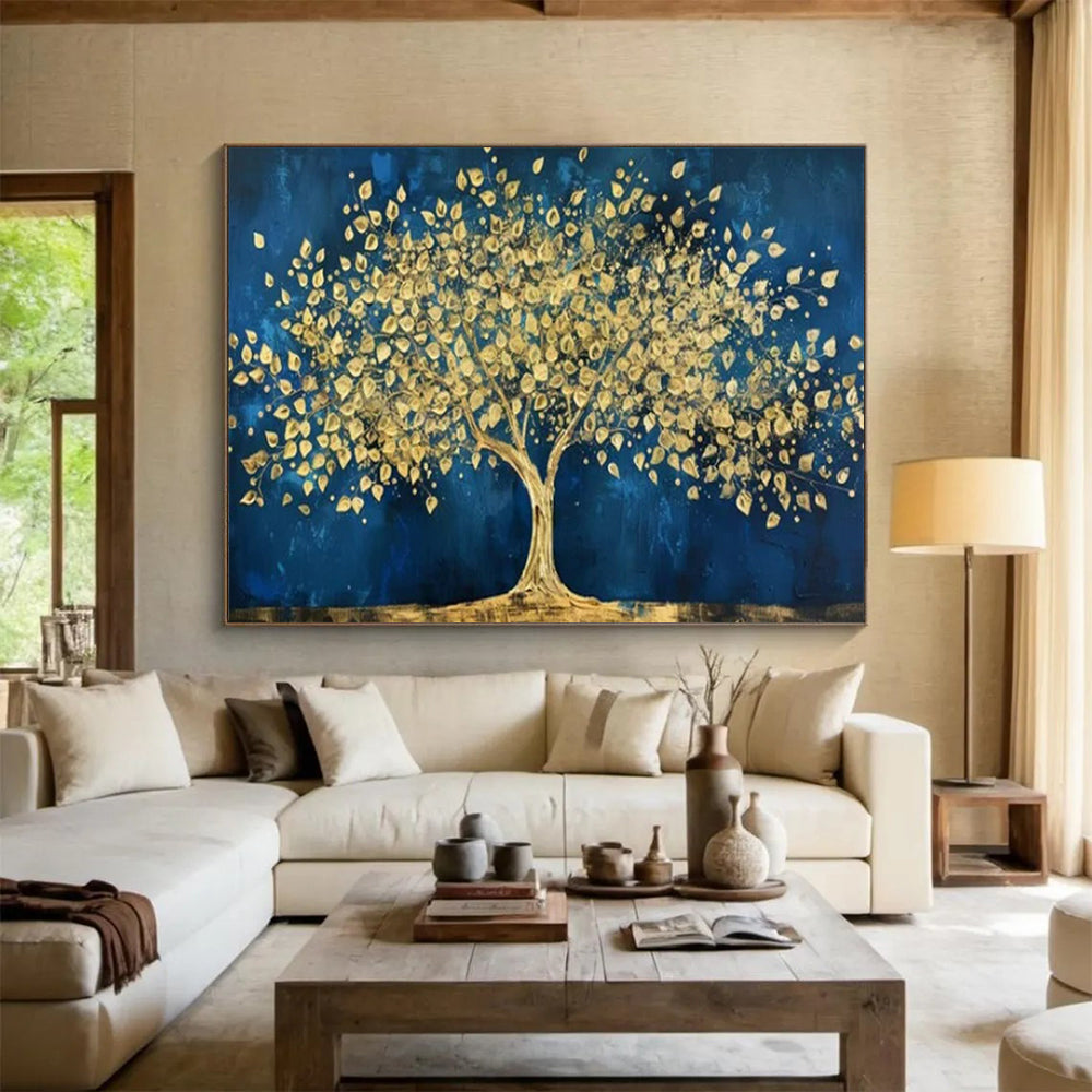 “Midnight Gold Tree” - Golds, deep blues; striking golden tree against a dark sky CT1620