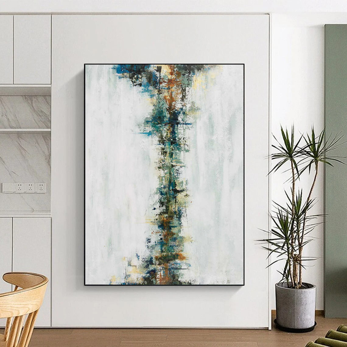 “Vertical Color Stream” - Abstract Art with Multicolored Vertical Strokes on White CT0025