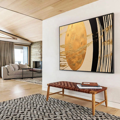“Golden Orb & Stripes” – Abstract Minimalist Acrylic Painting CT1712