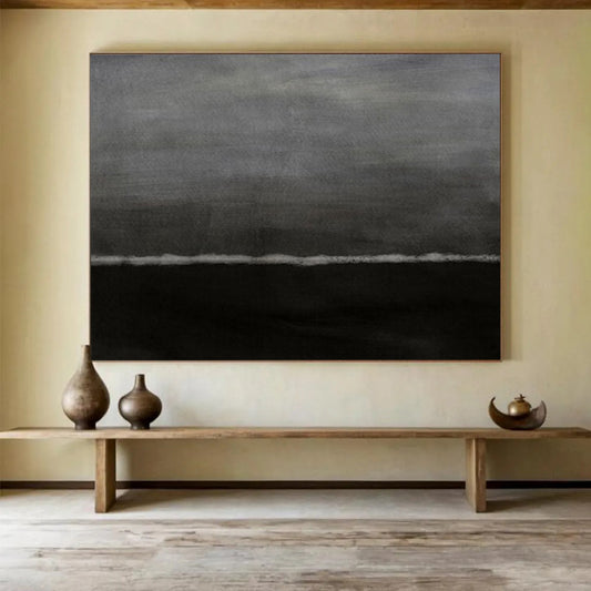 “Dark Horizons” - Deep grays, blacks, subtle white line; minimalist, moody landscape - like abstraction CT1517