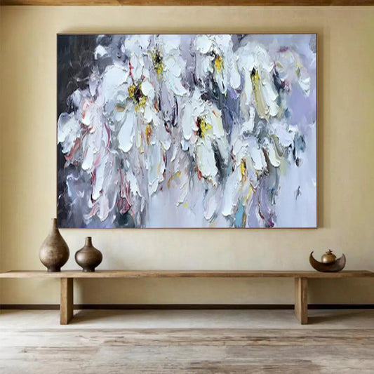 “White Flowers with Colorful Accents” – Impasto Floral Oil Painting CT1763
