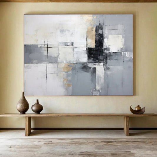 “Gray - Gold Grid” - White, gray, gold; intersecting lines and blocks with gold accents CT1574