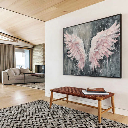 “Textured Pink Wings” - Pinks, grays; thick, sculptural pink wings against a dark background CT1618