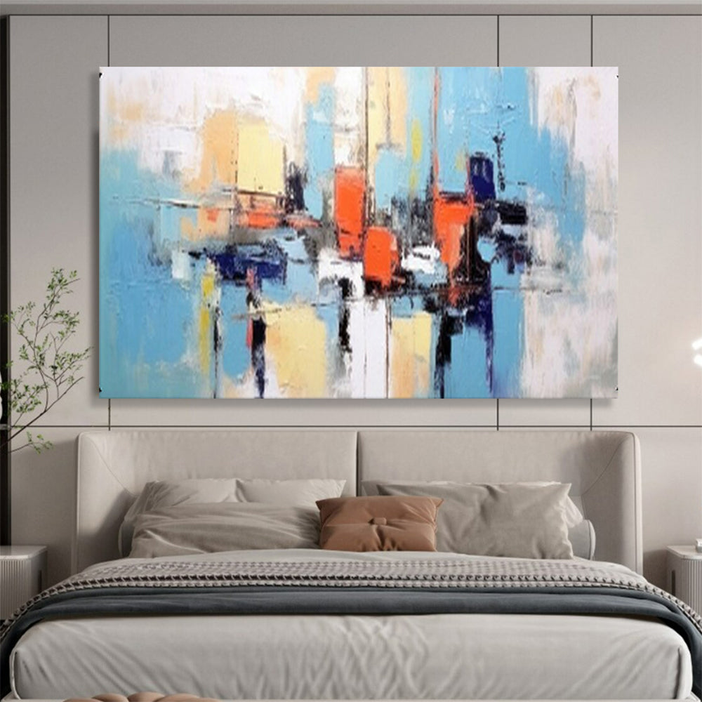 “Hand - painted Harbor Abstraction” - Color - blocked harbor scene in blue, orange, and yellow CT1646