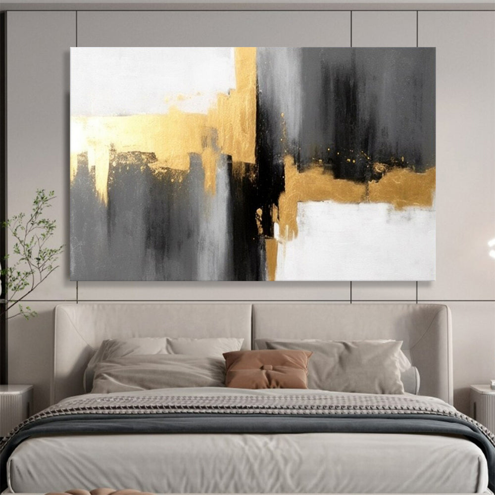 “Hand - painted Gold - Accented Abstraction” - Minimalist abstract with gold, gray, and white CT1648