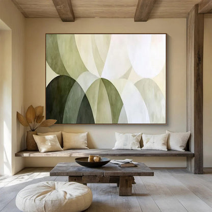 “Green Arc Harmony” – Shades of green, white in overlapping, curved geometric forms CT1700