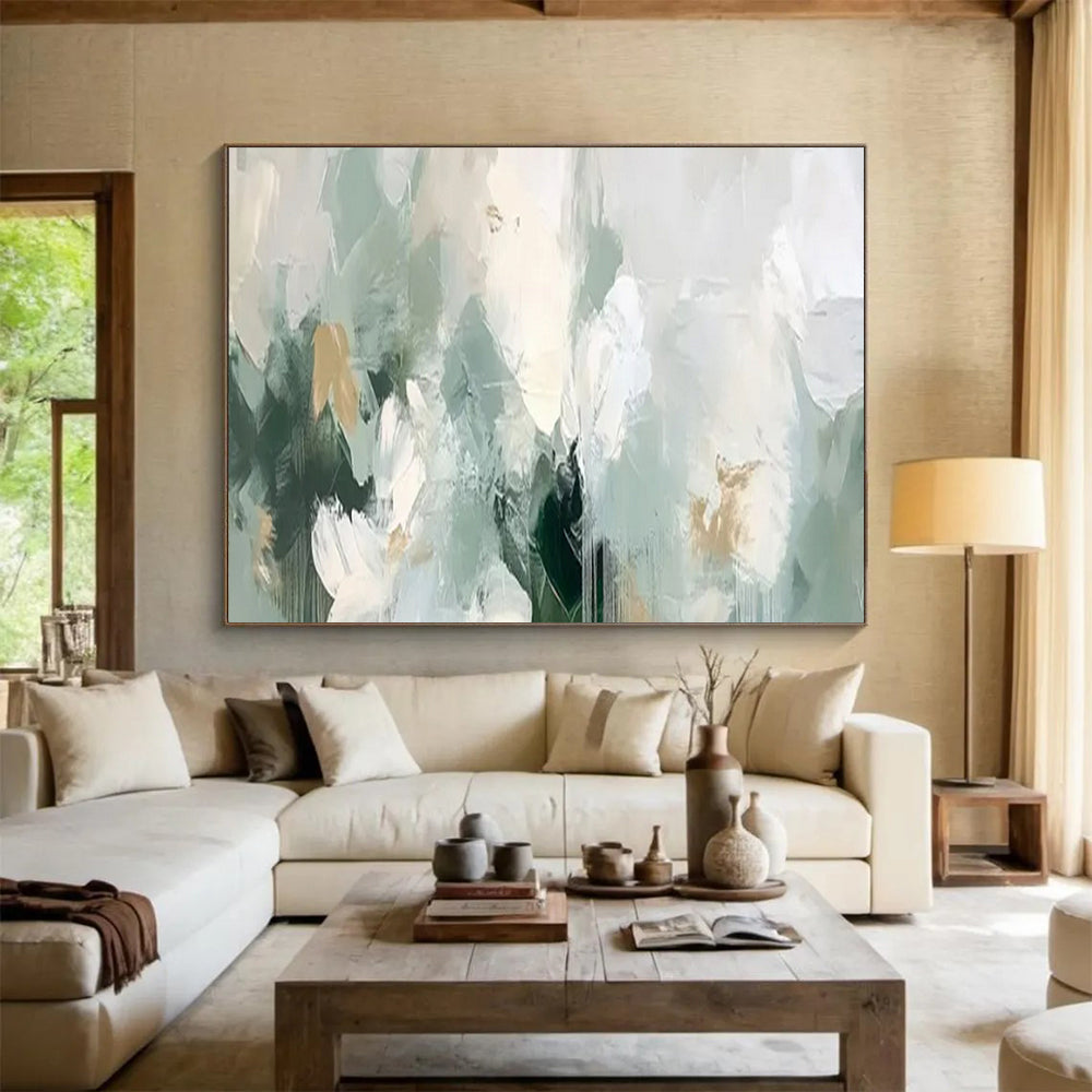 “Mint & Gold Dreamscape” – Soft greens, whites, golds with fluid, abstract acrylic forms CT1693