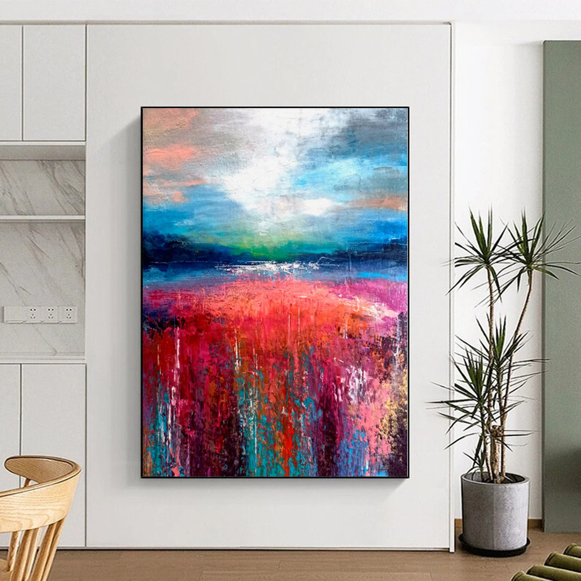 “Blues and Oranges Cascade” - Abstract Creation with Teal, White, Orange, Green Layers CT0012