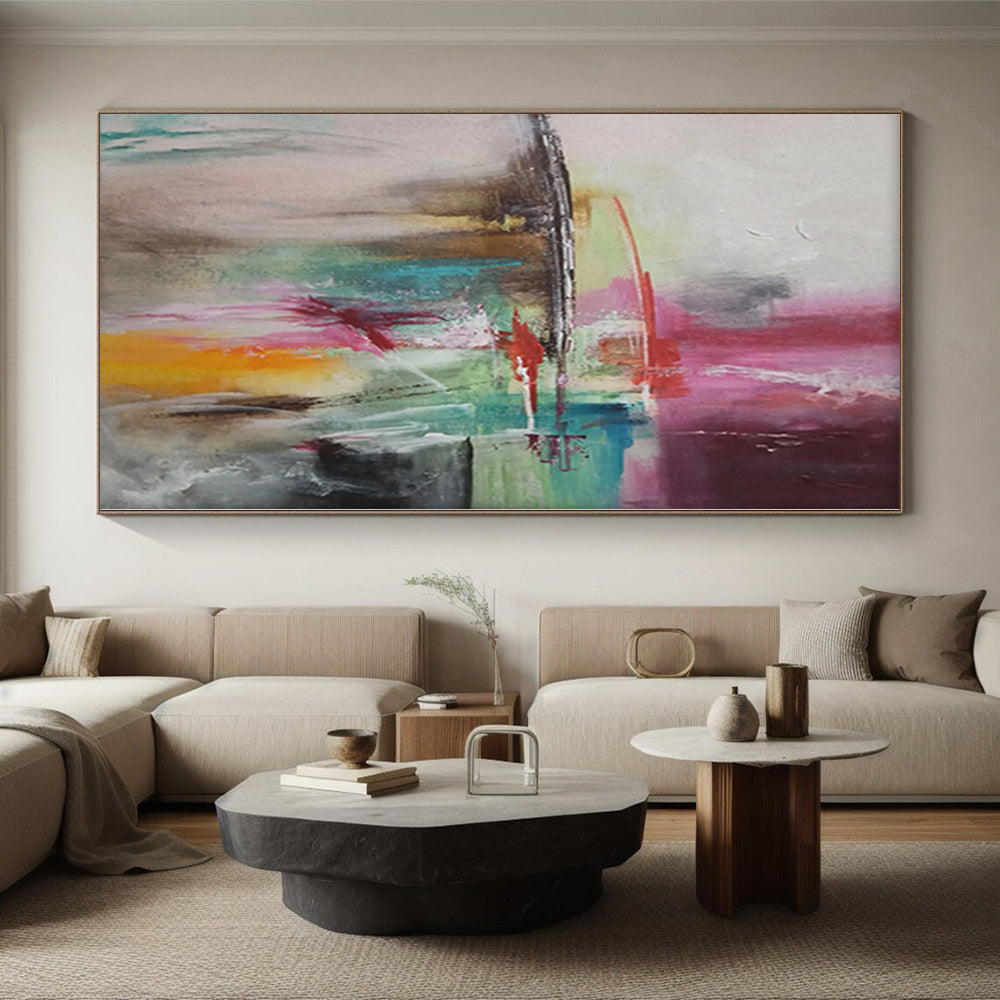 “Color Collision” - Abstract Painting with Pink, Red, Green, Blue, Gray CT0056