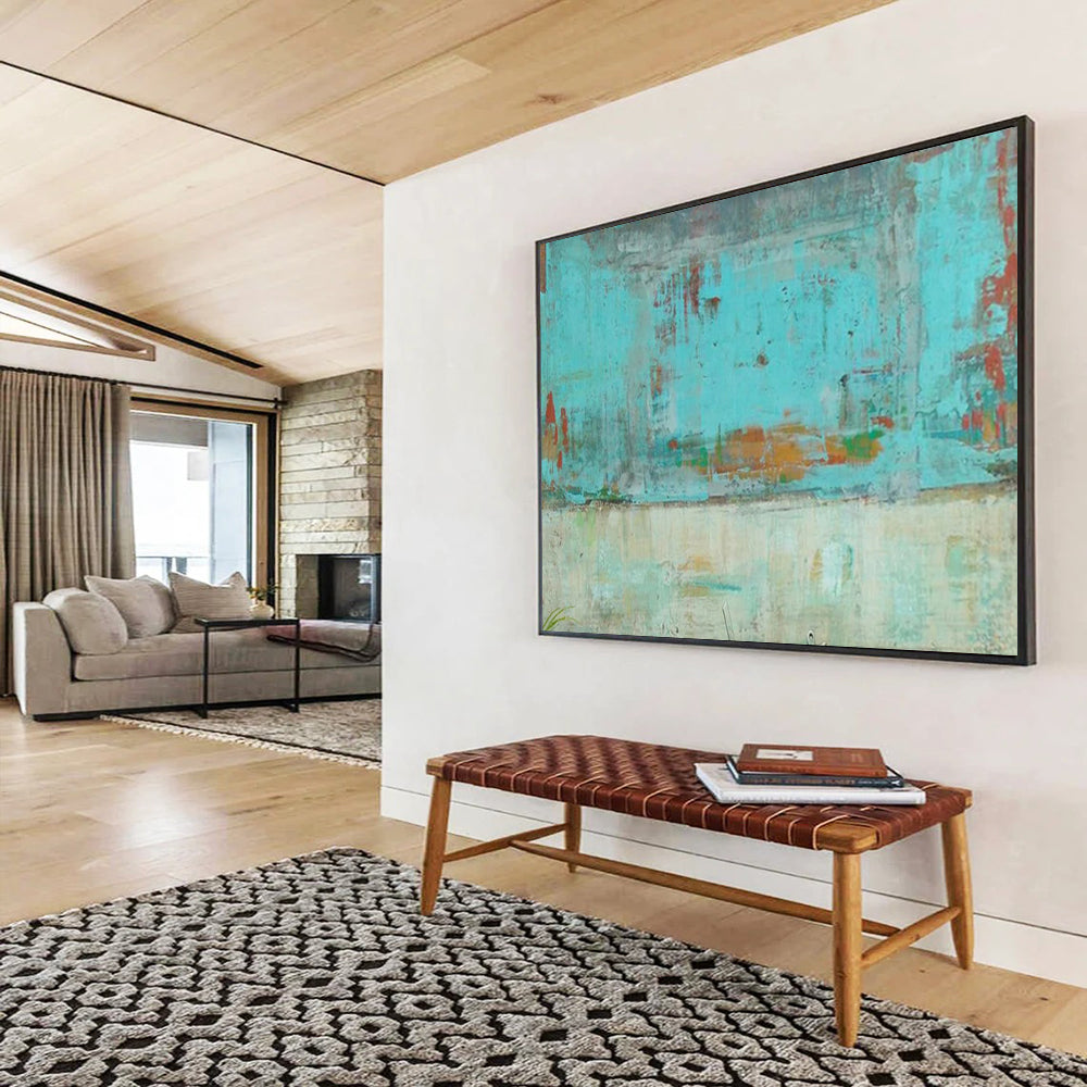“Turquoise Urban Abstract” - Turquoise, orange, beige; faded, abstract city scene CT1583