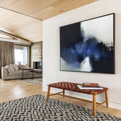 Abstract painting with large blocks of dark blue, light blue, and white CT1661