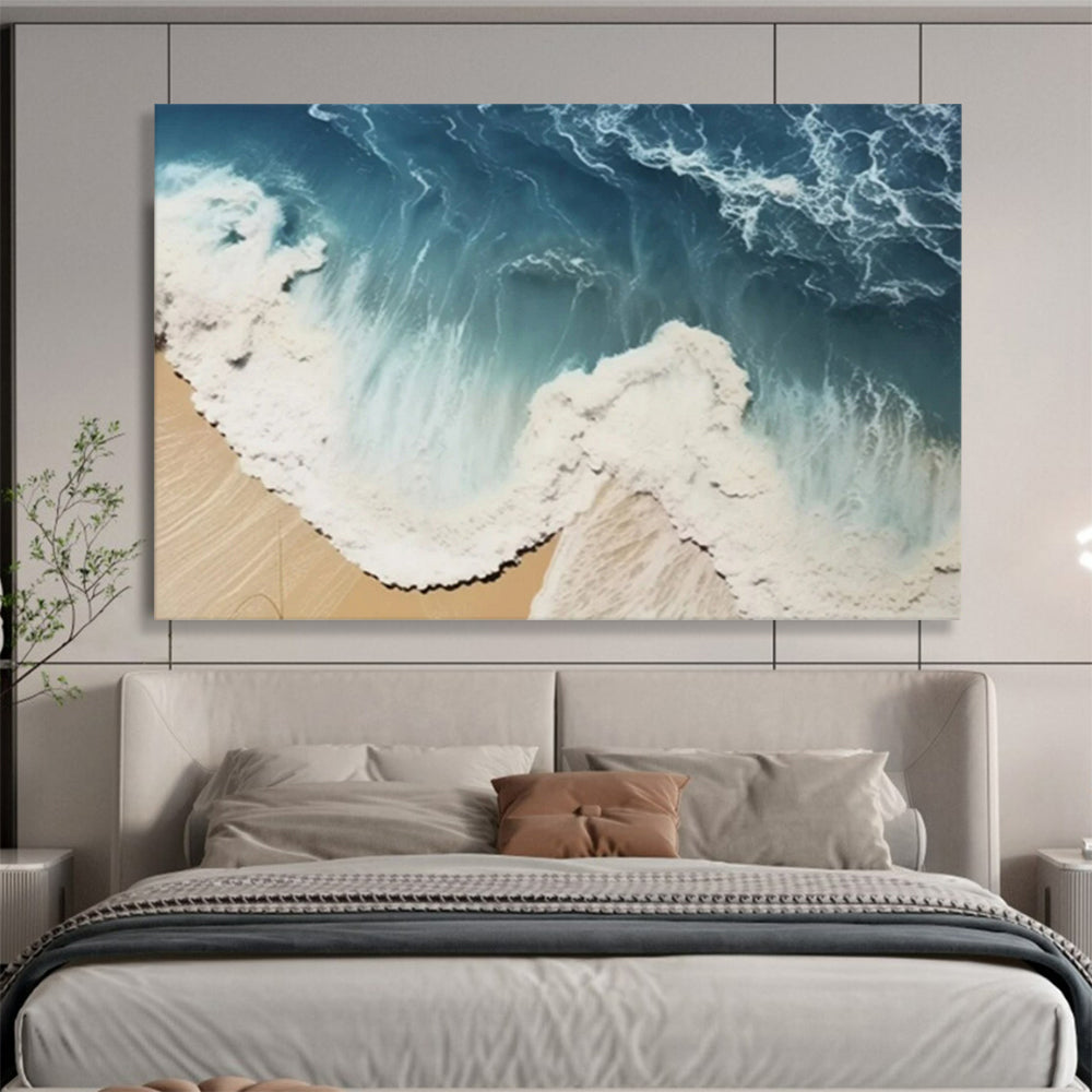 “Aerial Beach Waves” - Hues of blue, white, beige; aerial view of waves lapping against a sandy beach CT1549